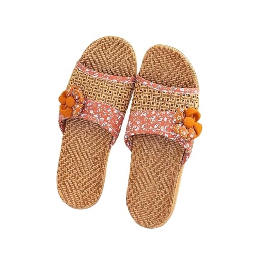 ZRHWSPD Strohpantoffeln Breathable Flower Non Slip Linen Shoes Bottom Home Slippers(Orange,39-40) von ZRHWSPD