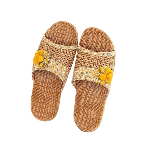 ZRHWSPD Strohpantoffeln Breathable Flower Non Slip Linen Shoes Bottom Home Slippers(Yellow,37-38) von ZRHWSPD