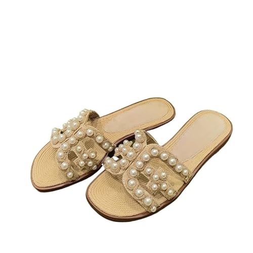 ZRHWSPD Strohpantoffeln Pearl Straw Women's Slippers Beach High End Comfortable Flat Sandals(37) von ZRHWSPD