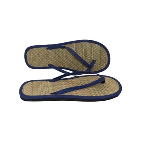 ZRHWSPD Strohpantoffeln Rattan Grass Flat Sandals Flip Flop Home Slippers(Dark blue,37) von ZRHWSPD