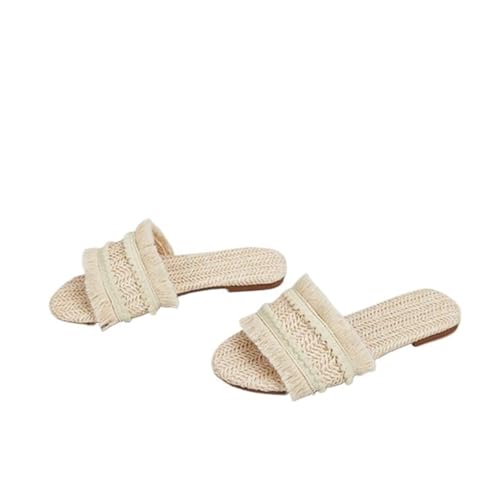 ZRHWSPD Strohpantoffeln Slides Hemp Front Toe Casual Shoes Straw Weaving(Beige,35) von ZRHWSPD