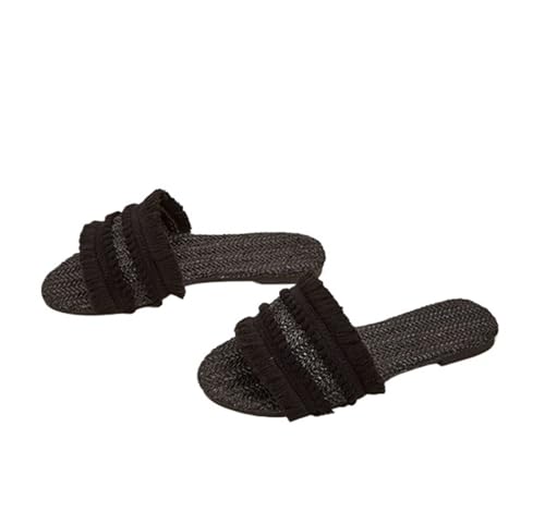 ZRHWSPD Strohpantoffeln Slides Hemp Front Toe Casual Shoes Straw Weaving(Black,42) von ZRHWSPD