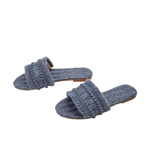 ZRHWSPD Strohpantoffeln Slides Hemp Front Toe Casual Shoes Straw Weaving(Blue,40) von ZRHWSPD