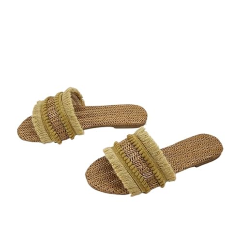 ZRHWSPD Strohpantoffeln Slides Hemp Front Toe Casual Shoes Straw Weaving(Brown,38) von ZRHWSPD