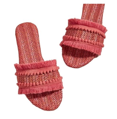 ZRHWSPD Strohpantoffeln Slides Hemp Front Toe Casual Shoes Straw Weaving(Red,41) von ZRHWSPD