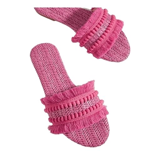 ZRHWSPD Strohpantoffeln Slides Hemp Front Toe Casual Shoes Straw Weaving(Rose red,37) von ZRHWSPD