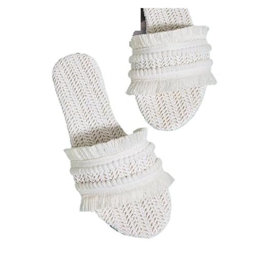 ZRHWSPD Strohpantoffeln Slides Hemp Front Toe Casual Shoes Straw Weaving(White,38) von ZRHWSPD