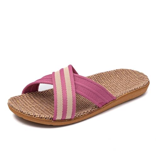 ZRHWSPD Strohpantoffeln Slippers Flat Sandals Linen Lightweight Casual(Pink,40-41) von ZRHWSPD