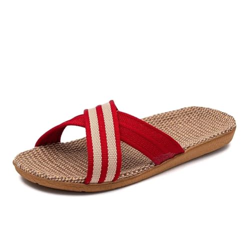 ZRHWSPD Strohpantoffeln Slippers Flat Sandals Linen Lightweight Casual(Red,42-43) von ZRHWSPD