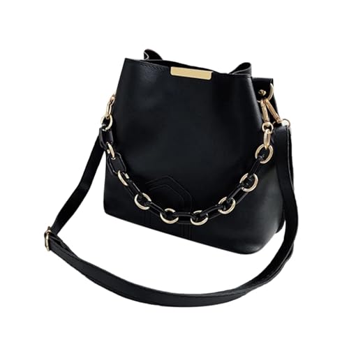 ZRHWSPD Umhängetasche Damen Retro Elegante Weibliche Kette Tote Eimer Tasche Frauen Kette Leder Tragbare Handtasche Reise Einfache Schulter Messenger Tasche(Black) von ZRHWSPD