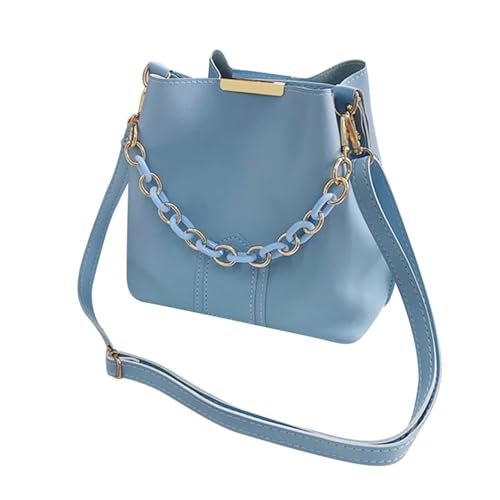 ZRHWSPD Umhängetasche Damen Retro Elegante Weibliche Kette Tote Eimer Tasche Frauen Kette Leder Tragbare Handtasche Reise Einfache Schulter Messenger Tasche(Blue) von ZRHWSPD