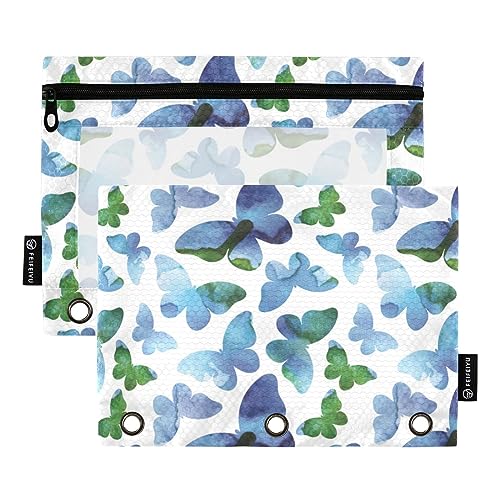 Amazing Blue Green Watercolor Butterflies 3 Ring Binders Pencil Case 2 pcs File Folders for Office Examination Zipper Stationery Bag von ZRWLUCKY