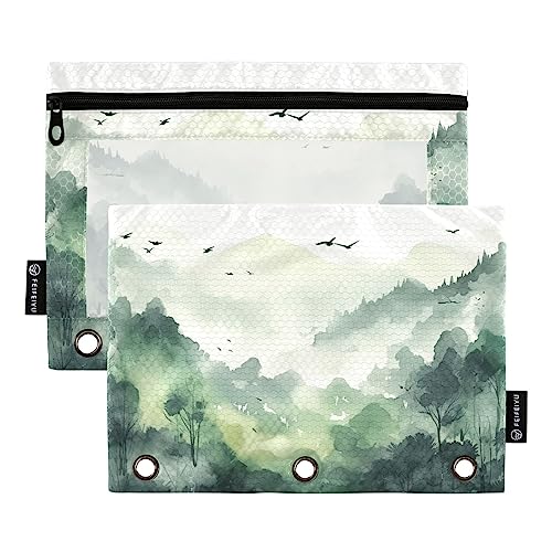 Aquarell-Grüner Vogel Wald 3 Ringbücher Federmäppchen 2 Stück Aktenordner für Büro Prüfung Reißverschluss Schreibwaren Tasche von ZRWLUCKY