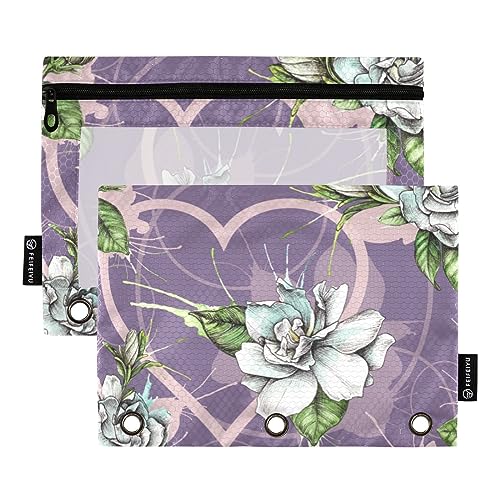 Bouquet Gardenias Happy Valentine's Day Muster Lila 3 Ring Binders Federmäppchen 2 stücke Dateiordner für Büro Prüfung Reißverschluss Schreibwaren Tasche von ZRWLUCKY