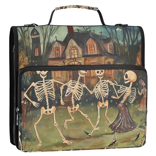 Castle and Dancing Skelett 3,8 cm 3 Ringe Reißverschluss Bindertasche mit Schultergurt und Griff, leicht zu transportieren, Dokumentenmappe für die Schule von ZRWLUCKY