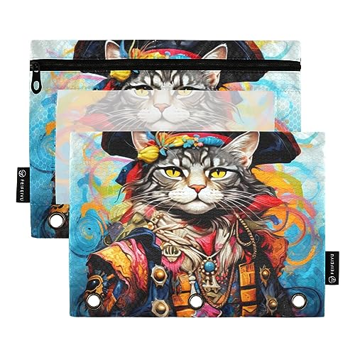 Cat Pirate Ölgemälde Stil Blau 3 Ring Ordner Federmäppchen 2 stücke Datei Ordner für Büro Prüfung Reißverschluss Schreibwaren Tasche von ZRWLUCKY