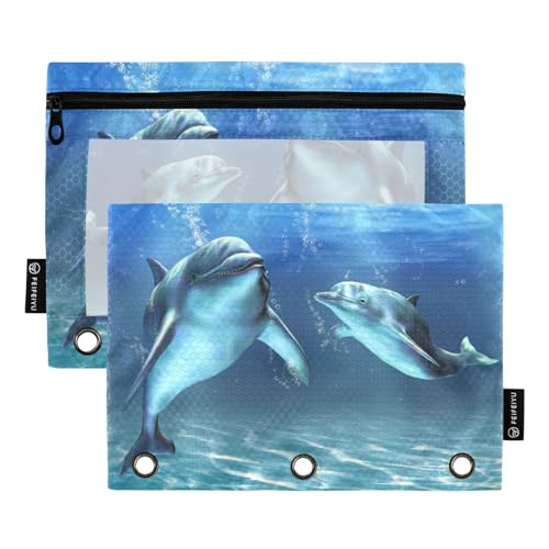 Dear Dolphin Sea Blue 3 Ring Binders Pencil Case 2 pcs File Folders for Office Examination Zipper Stationery Bag von ZRWLUCKY