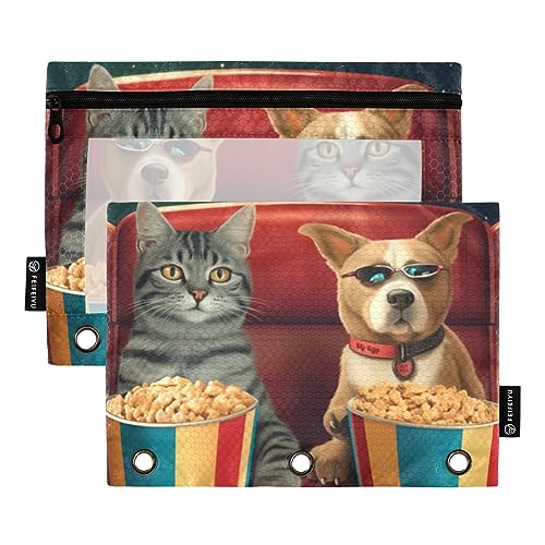 Federmäppchen mit 3 Ringbüchern, Katzen und Hunde, die einen Film anschauen mit Popcorn 2 Stück Aktenordner für Büro Untersuchung Reißverschluss Schreibwaren Tasche von ZRWLUCKY