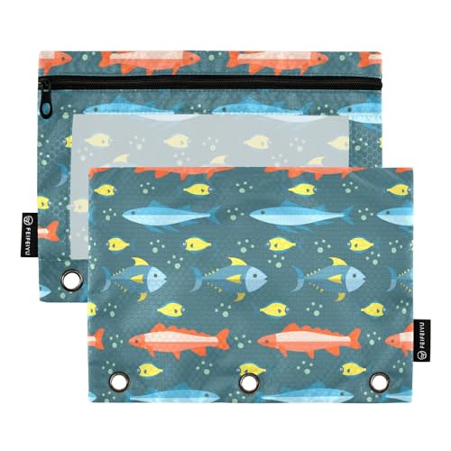 Fish Blue 3 Ring Binders Pencil Case 2 pcs File Folder for Office Examination Zipper Stationery Bag von ZRWLUCKY