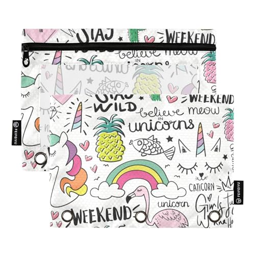 Flamingo Unicorn Weekend Time Happy 3 Ring Binders Pencil Case 2 pcs File Folders for Office Examination Zipper Stationery Bag von ZRWLUCKY