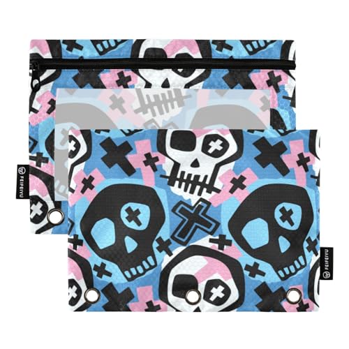 Funky Skull Halloween 3 Ring Binders Pencil Case 2 pcs File Folders for Office Examination Zipper Stationery Bag von ZRWLUCKY