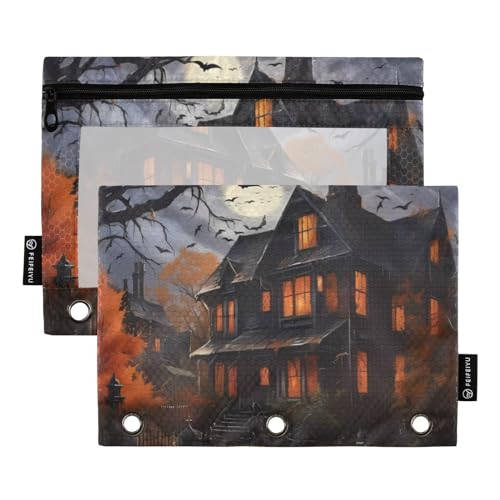 Halloween Black Castle Horror 3 Ring Binders Pencil Case 2 pcs File Folders for Office Examination Zipper Stationery Bag von ZRWLUCKY