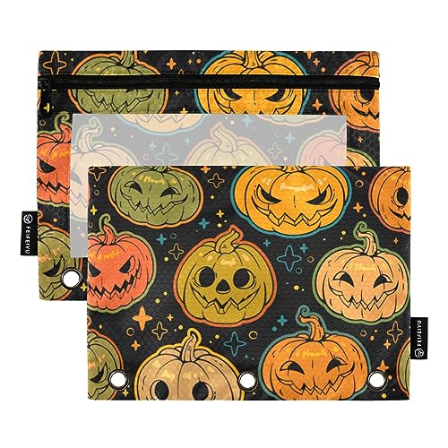 Helles Orange Haloween Kürbisse 3 Ring Binders Pencil Case 2 pcs File Folders for Office Examination Zipper Stationery Bag von ZRWLUCKY