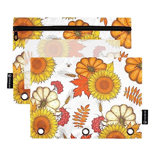 Herbst Kürbis Ernte Gold Sonnenblume Blumen Herbst Blätter Muster Happy Thanksgiving 3 Ringe Große Kapazität Ordner Bleistift Beutel 2 Stück Transparente Aktenordner für Büro Zuhause Reißverschluss von ZRWLUCKY