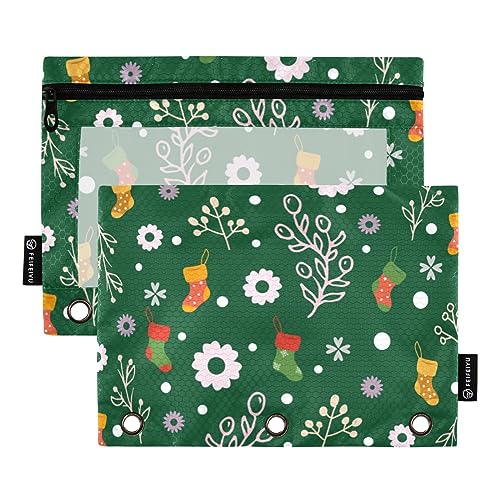 Holiday Pattern Christmas Socks Flower 3 Ring Binders Pencil Case 2 pcs File Folders for Office Examination Zipper Stationery Bag von ZRWLUCKY