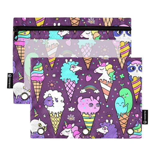 Ice Cream Cute Animals Purple Unicorn 3 Ring Binders Pencil Case 2 pcs File Folders for Office Examination Zipper Stationery Bag von ZRWLUCKY