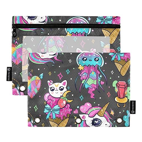 Kawaii Einhorn Katze Octopus 3 Ring Binders Federmäppchen 2 Stück Aktenordner für Büro Untersuchung Reißverschluss Schreibwaren Tasche von ZRWLUCKY