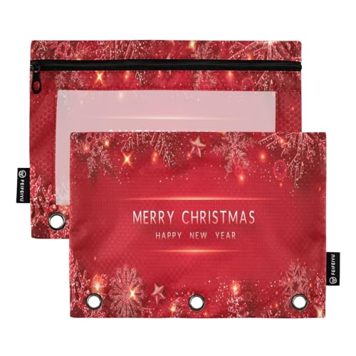 Merry Christmas Glänzende goldene Schneeflocken 3 Ringbücher Federmäppchen 2 Stück Aktenordner für Büro Prüfung Reißverschluss Schreibwaren Tasche von ZRWLUCKY