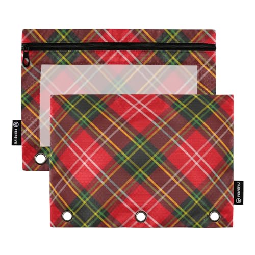 Merry Christmas Tartan Plaid Pattern 3 Ring Binders Pencil Case 2 pcs File Folders for Office Examination Zipper Stationery Bag von ZRWLUCKY