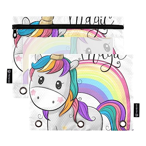 Nette Cartoon Einhorn Regenbogen isoliert auf 3 Ringbüchern Federmäppchen 2 stücke Datei Ordner für Büro Prüfung Reißverschluss Schreibwaren Tasche von ZRWLUCKY