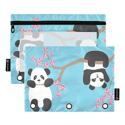 Niedlicher kleiner Panda auf Sakura-Baumzweig 3 Ringbücher Federmäppchen 2 Stück Aktenordner für Büro Prüfung Reißverschluss Schreibwaren Tasche von ZRWLUCKY