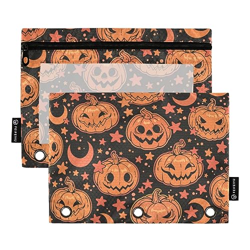 Orange Happy Halloween Kürbisse 3 Ringbücher Federmäppchen 2 Stück Aktenordner für Büro Prüfung Reißverschluss Schreibwaren Tasche von ZRWLUCKY