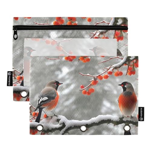 Red Bird Winter Frohe Weihnachten 3 Ringbücher Federmäppchen 2 Stück Aktenordner für Büro Prüfung Reißverschluss Schreibwaren Tasche von ZRWLUCKY