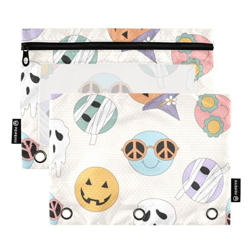 Retro Hippie Groovy Halloween Spooky Ghost Zombie 3 Ring Binders Pencil Case 2 pcs File Folders for Office Examination Zipper Stationery Bag von ZRWLUCKY