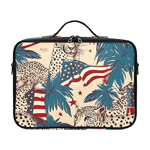 Retro Sonnenblume Amerikanische Flagge und Leopard Unabhängigkeitstag Illustration Make-up Kosmetiktasche Reise Reise Kulturbeutel Große Make-up-Taschen Make-up Reisetaschen für Frauen estuche de von ZRWLUCKY