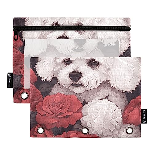 Roses Dog 3 Ring Binders Pencil Case 2 pcs File Folders for Office Examination Zipper Stationery Bag von ZRWLUCKY