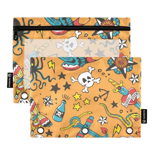 Sailing Ocean Adventure Cottage Schmetterling Schädel Halloween 3 Ringbücher Federmäppchen 2 Stück Aktenordner für Büro Prüfung Reißverschluss Schreibwaren Tasche von ZRWLUCKY