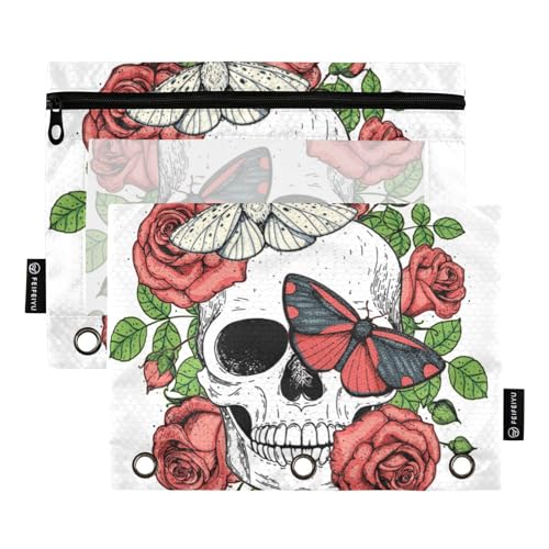 Totenkopf Halloween Safari Schmetterlinge Skizze 3 Ring Binders Federmäppchen 2 Stück Aktenordner für Büro Prüfung Reißverschluss Schreibwaren Tasche von ZRWLUCKY