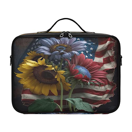 ZRWLUCKY American Flag Sunflower Independence Day Premium Everything Kosmetiktasche Reise Make-up Tasche mit Fächern Große Reise Make-up Tasche Bolsas Para Mujer für Frauen Mädchen Teenager Damen von ZRWLUCKY