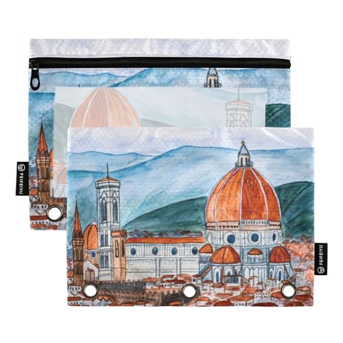 ZRWLUCKY Art City Florenz Sonnenaufgang und Berg Orange Grün 3 Ringbücher Federmäppchen 2 Stück Aktenordner für Büro Prüfung Reißverschluss Schreibwaren Tasche von ZRWLUCKY