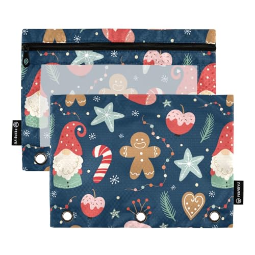 ZRWLUCKY Federmäppchen mit Weihnachtswichtel, Lebkuchensterne, Blau, 3 Ringe, 2 Stück, Aktenordner für Büro, Untersuchung, Reißverschluss, Schreibwaren-Tasche von ZRWLUCKY