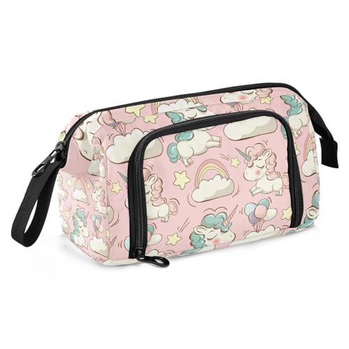 ZRWLUCKY Federmäppchen mit großem Fassungsvermögen, Tasche mit Fach, tragbares Federmäppchen für Kinder für Teenager, Einhörner, niedlicher Cartoon, Rosa, Regenbogen von ZRWLUCKY