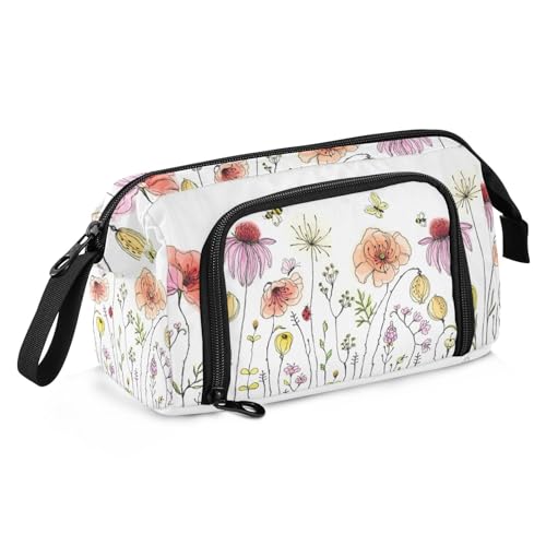 ZRWLUCKY Federmäppchen mit großem Fassungsvermögen, Tasche mit Reißverschluss und Griff, extra großes Federmäppchen für Studenten, bunt, wilde, rustikale Blumen, Mohnblumen, Schmetterlinge von ZRWLUCKY