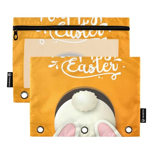 ZRWLUCKY Happy Easter Federmäppchen mit 3 Ringbüchern, weißer Hasenboden, Orange, 2 Stück Aktenordner für Büro, Untersuchung, Reißverschluss, Schreibwaren-Tasche von ZRWLUCKY