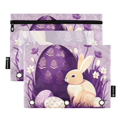 ZRWLUCKY Happy Easter Purple Grass Bunny 3 Ring Binders Pencil Case 2 pcs File Folders for Office Examination Zipper Stationery Bag von ZRWLUCKY