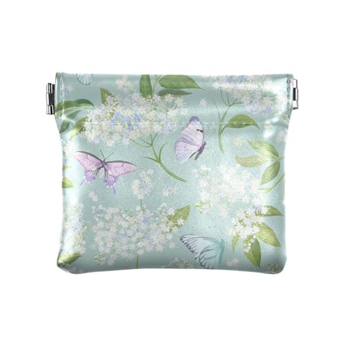 ZRWLUCKY Kleine Geldbörse aus Leder, Motiv: Frühlingsblumen, Schmetterlinge, tragbar, Schmuck für Mädchen und Damen, Frühlings-Holunder-Blumen-Schmetterlinge, 4.33"(L) x 3.74"(W) x 0.39"(H), Aufdruck von ZRWLUCKY